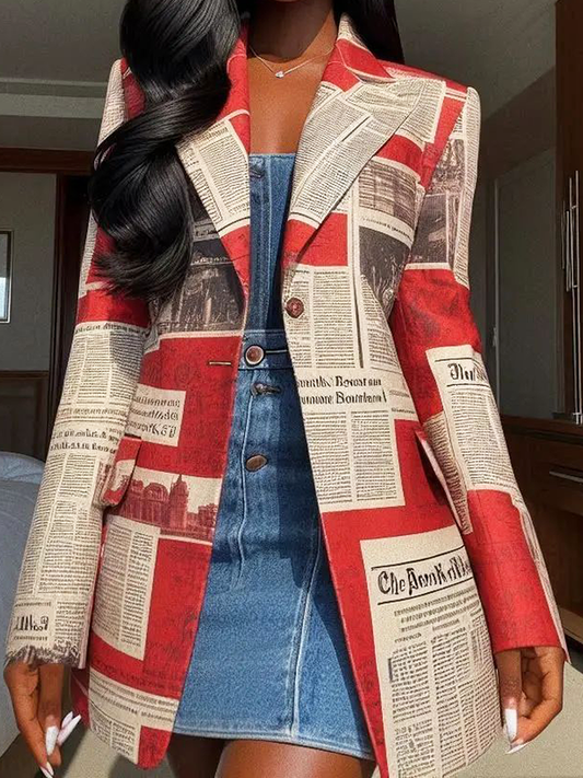 Newspaper Print Loose Notched Collar Long Sleeve Blazer