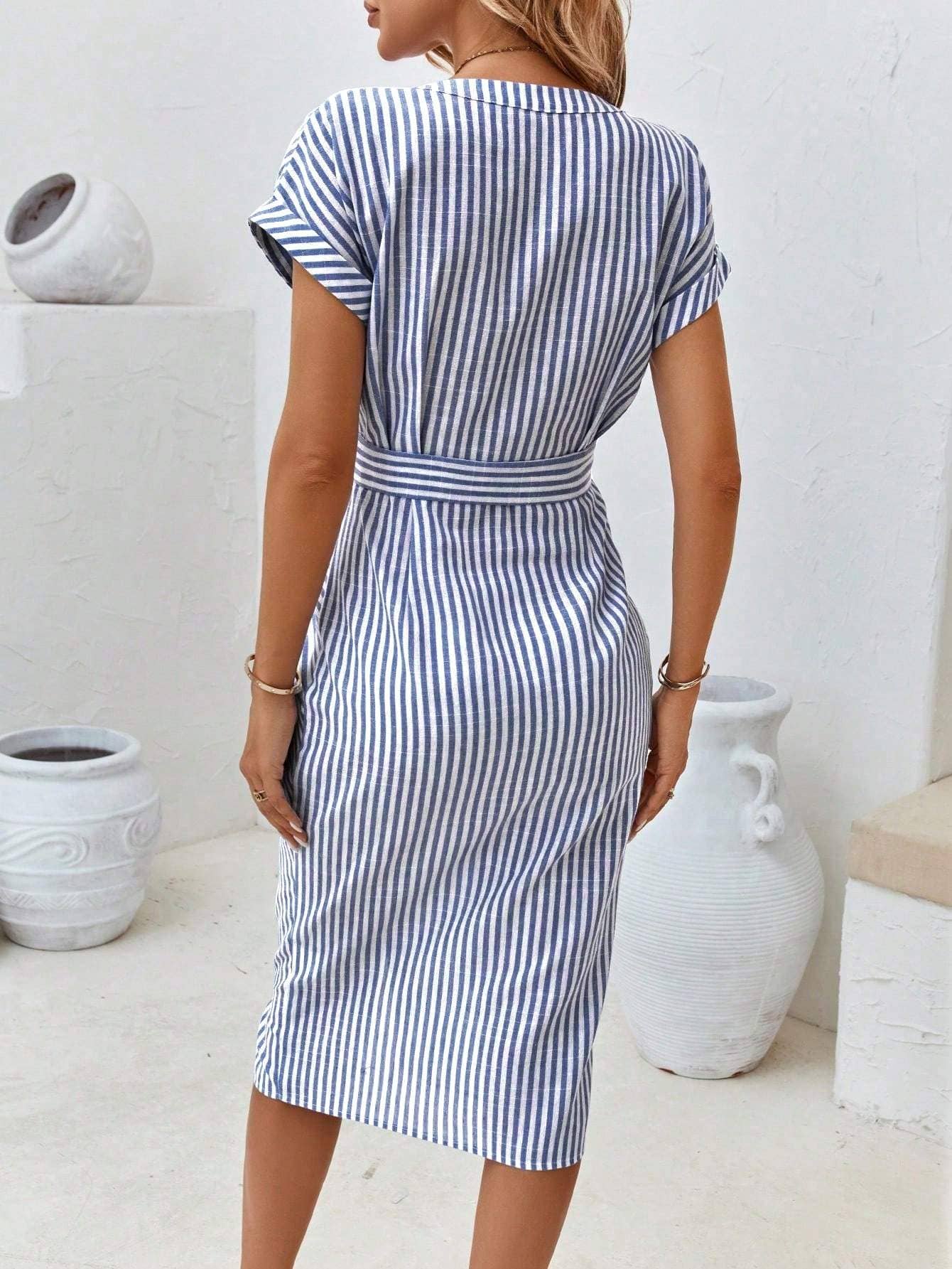 Striped print batwing sleeve belted dress