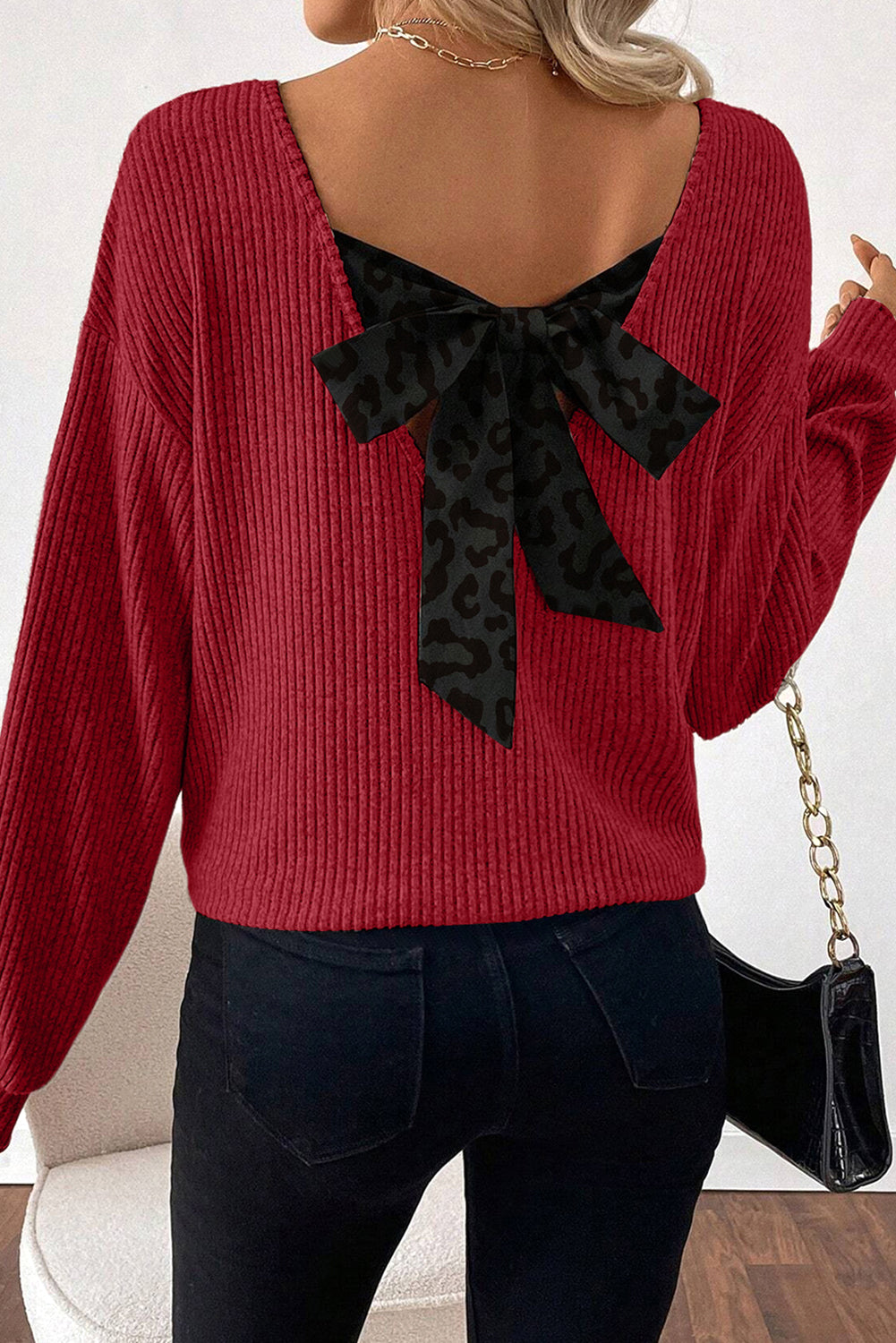 Racing Red Leopard Back Bow Ribbed Top
