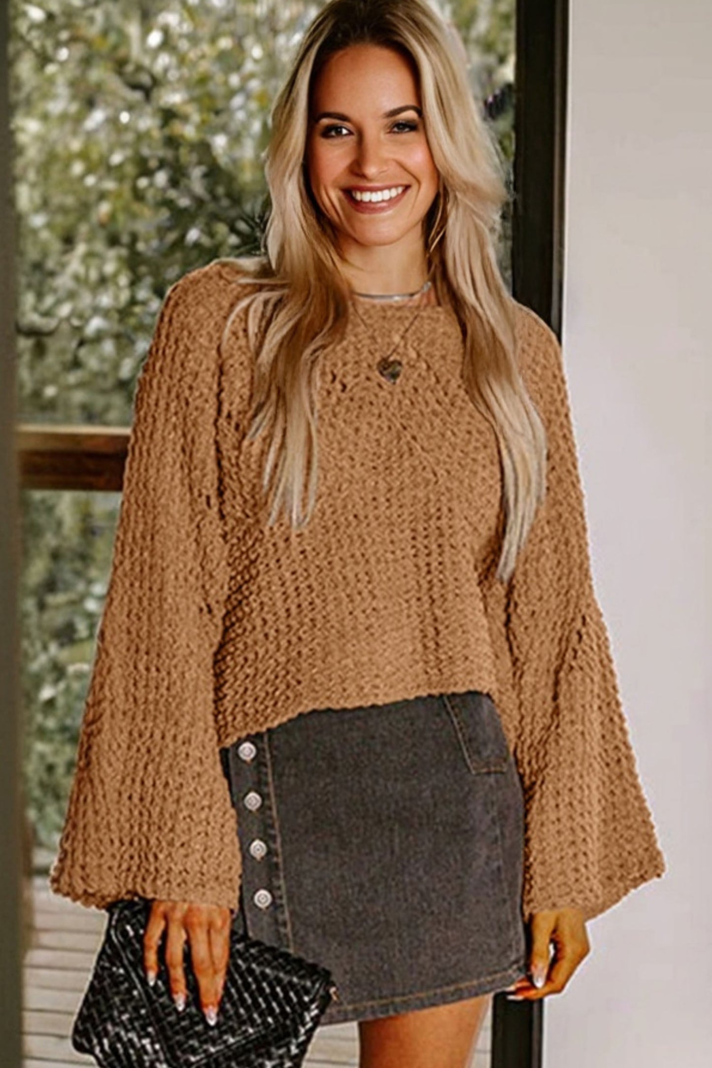 Camel Hollowed Detail Wide Sleeve Loose Pullover Sweater