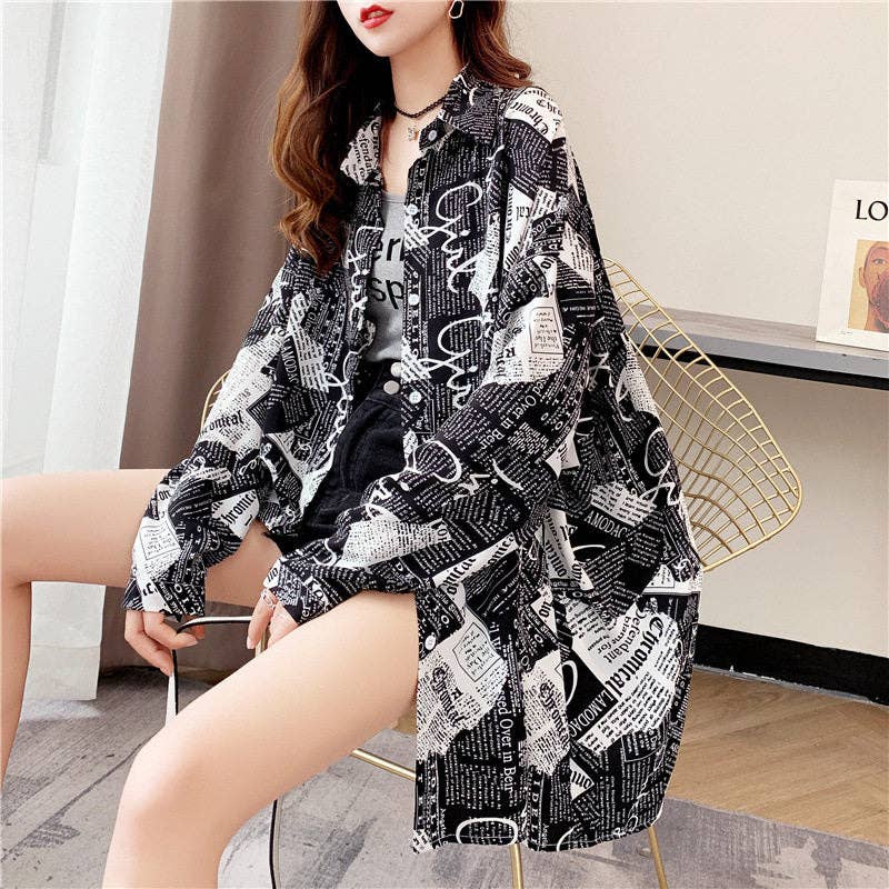 Plus Size Newspaper Print Shirt Women Loose Fit Spring Fashion