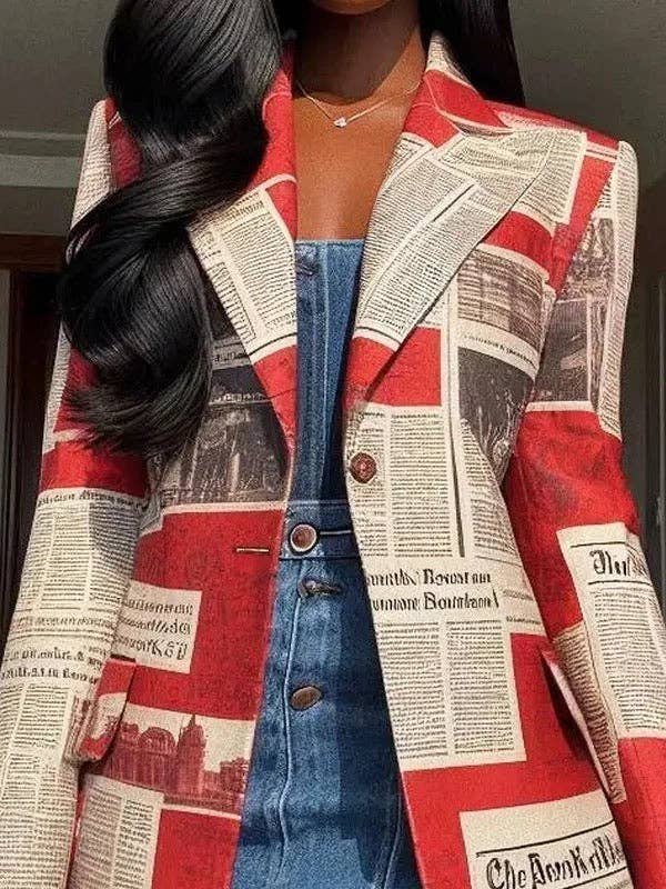 Newspaper Print Loose Notched Collar Long Sleeve Blazer