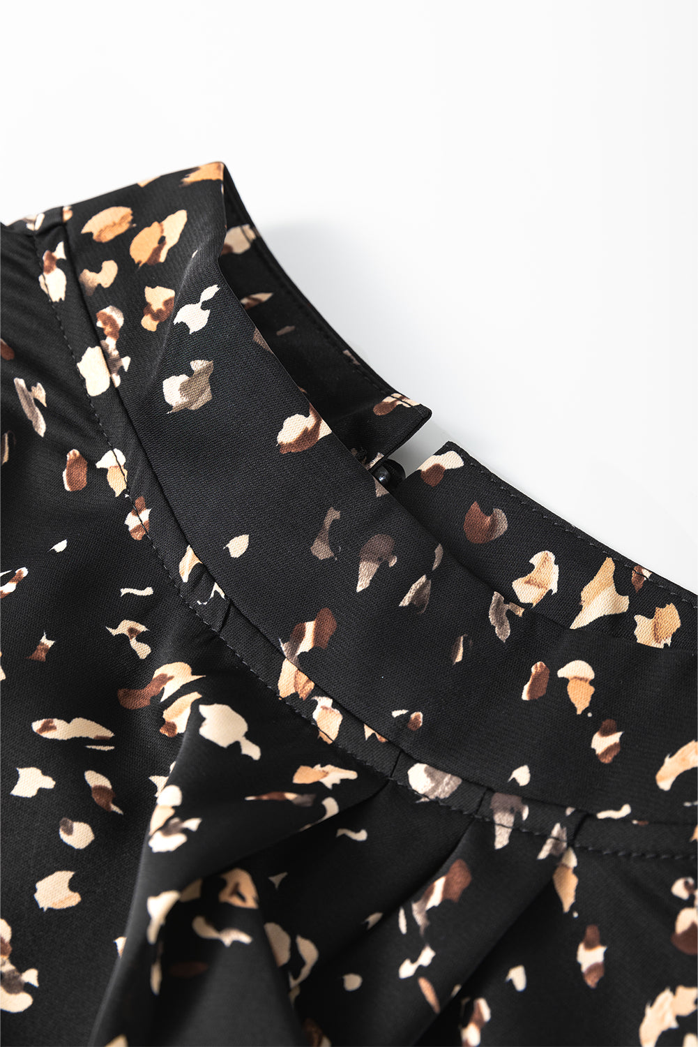 Black Leopard Print Puff Sleeve Mock Neck Pleated Blouse