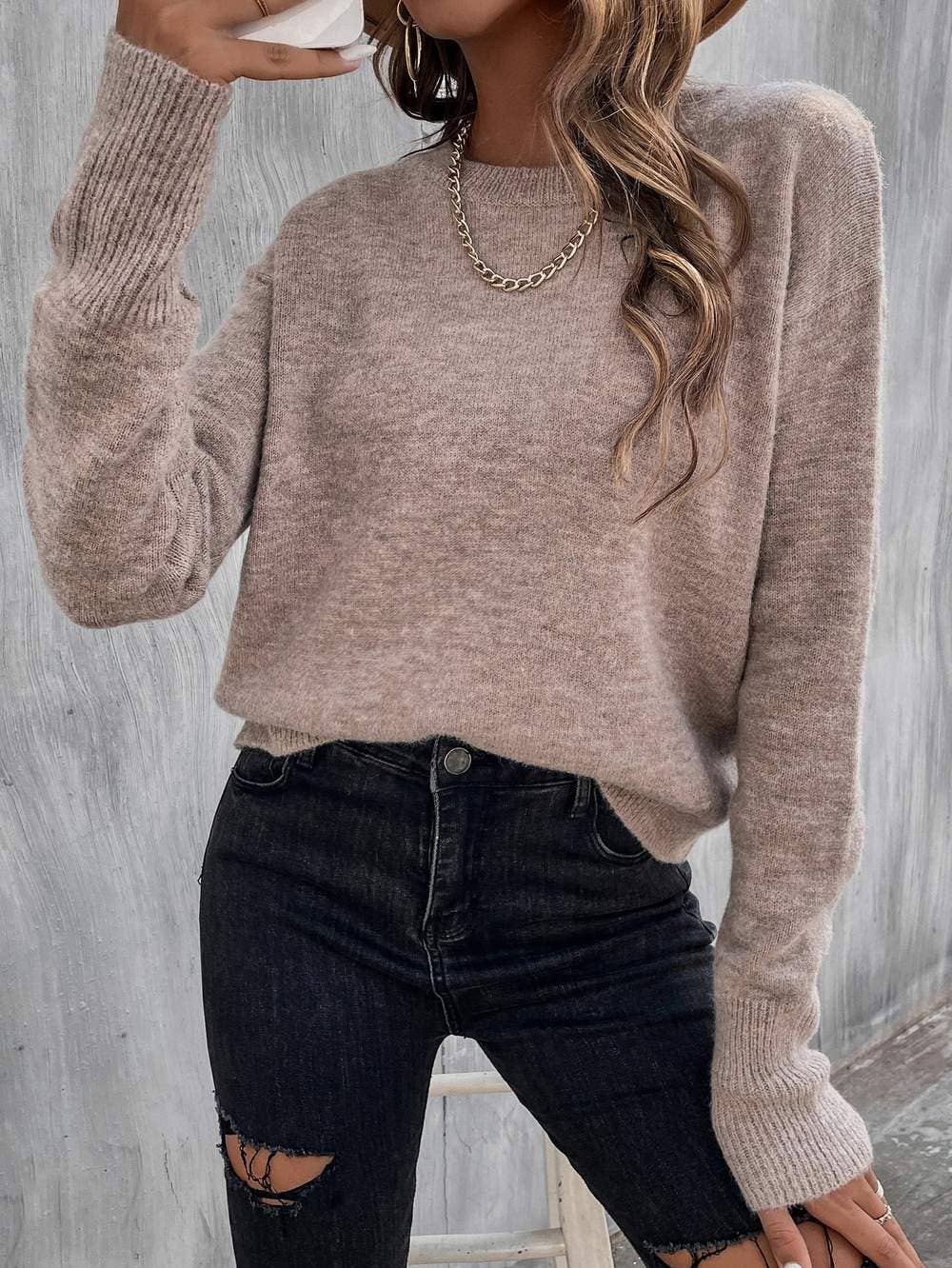 Solid drop shoulder sweater