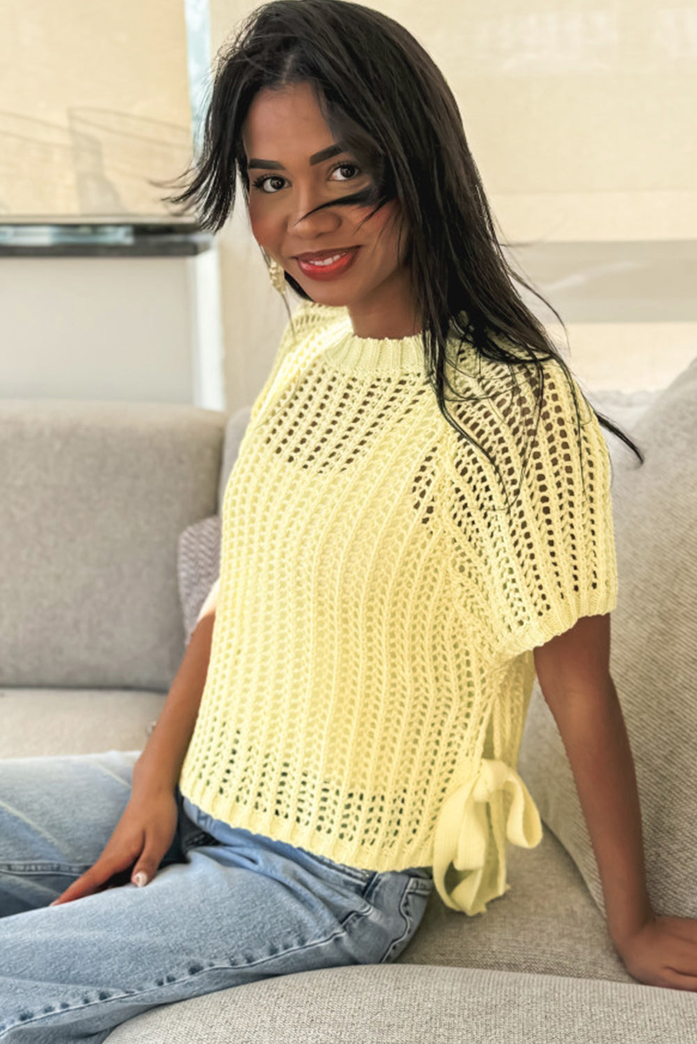 Yellow Cream Side Tie Hollow-out Crochet Knit Top