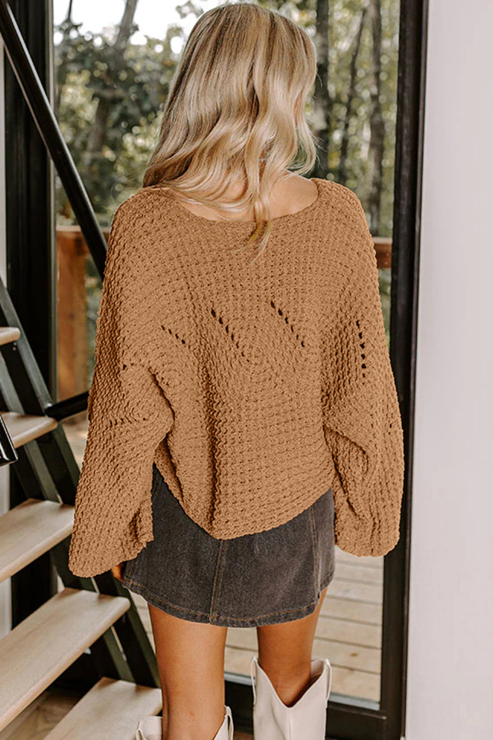 Camel Hollowed Detail Wide Sleeve Loose Pullover Sweater