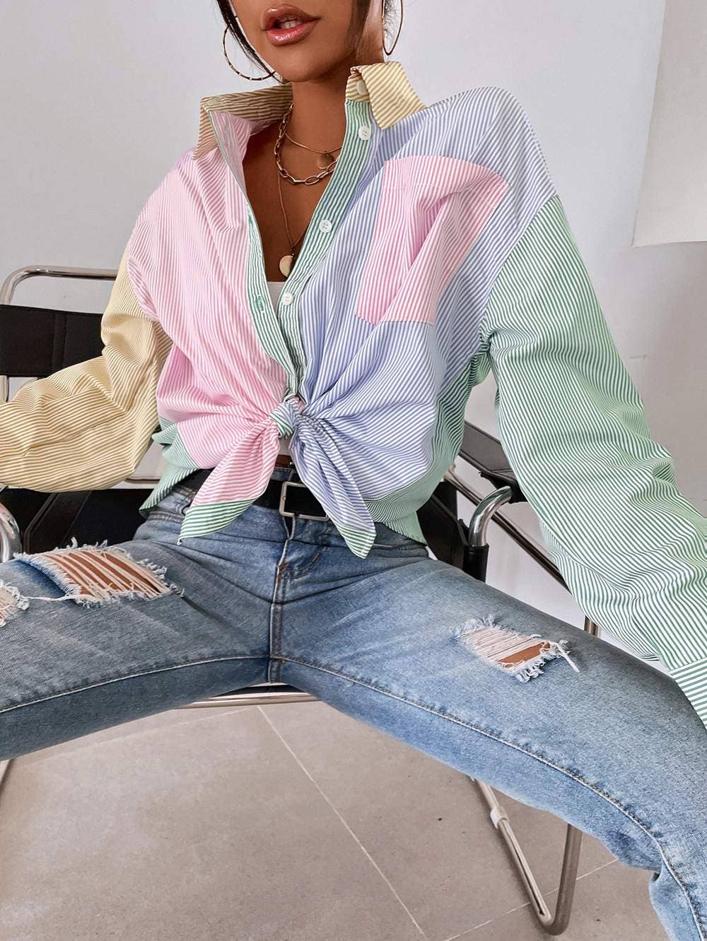 Striped colorblock button front blouse