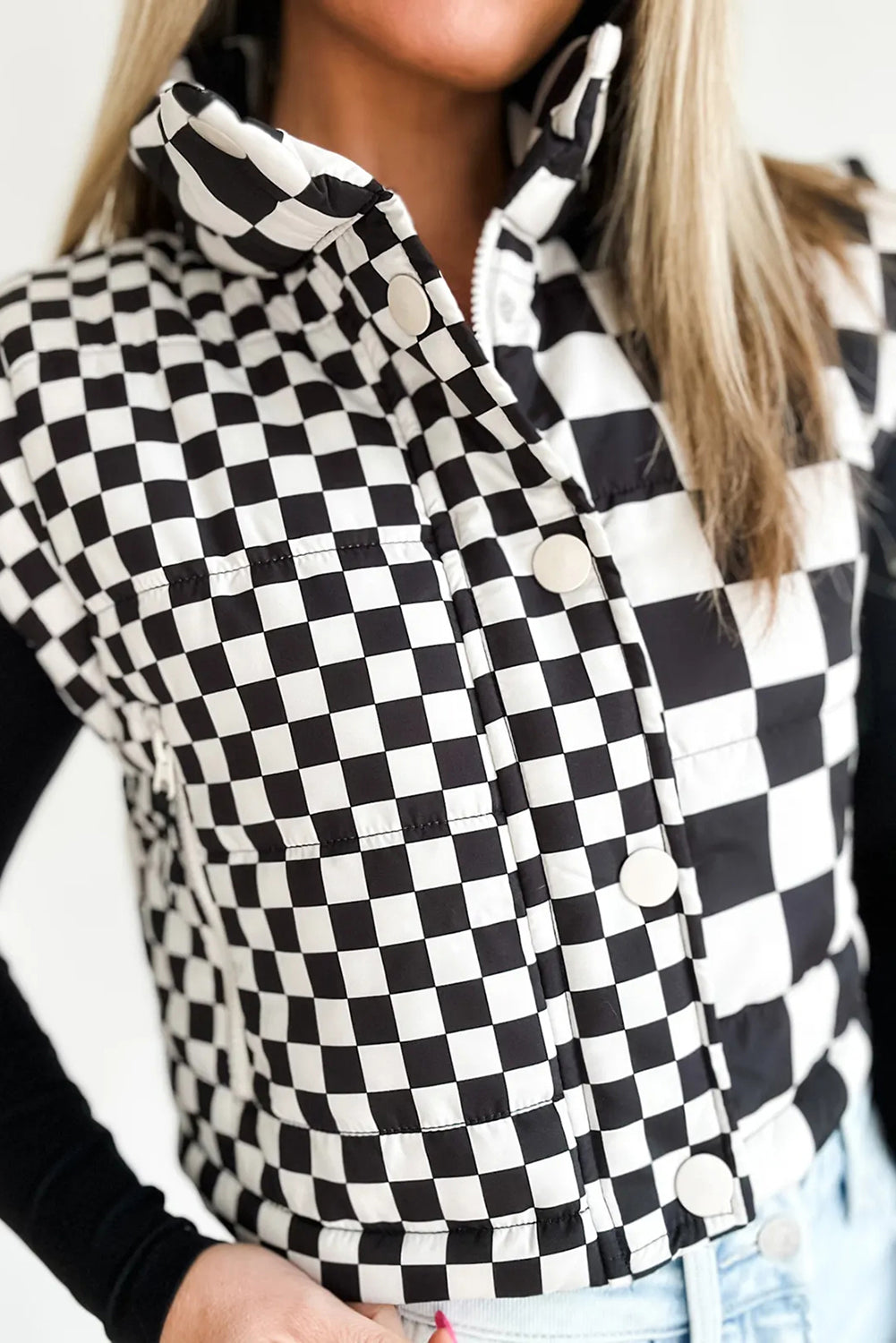 Black Checkered Stand Collar Cropped Puffer Vest