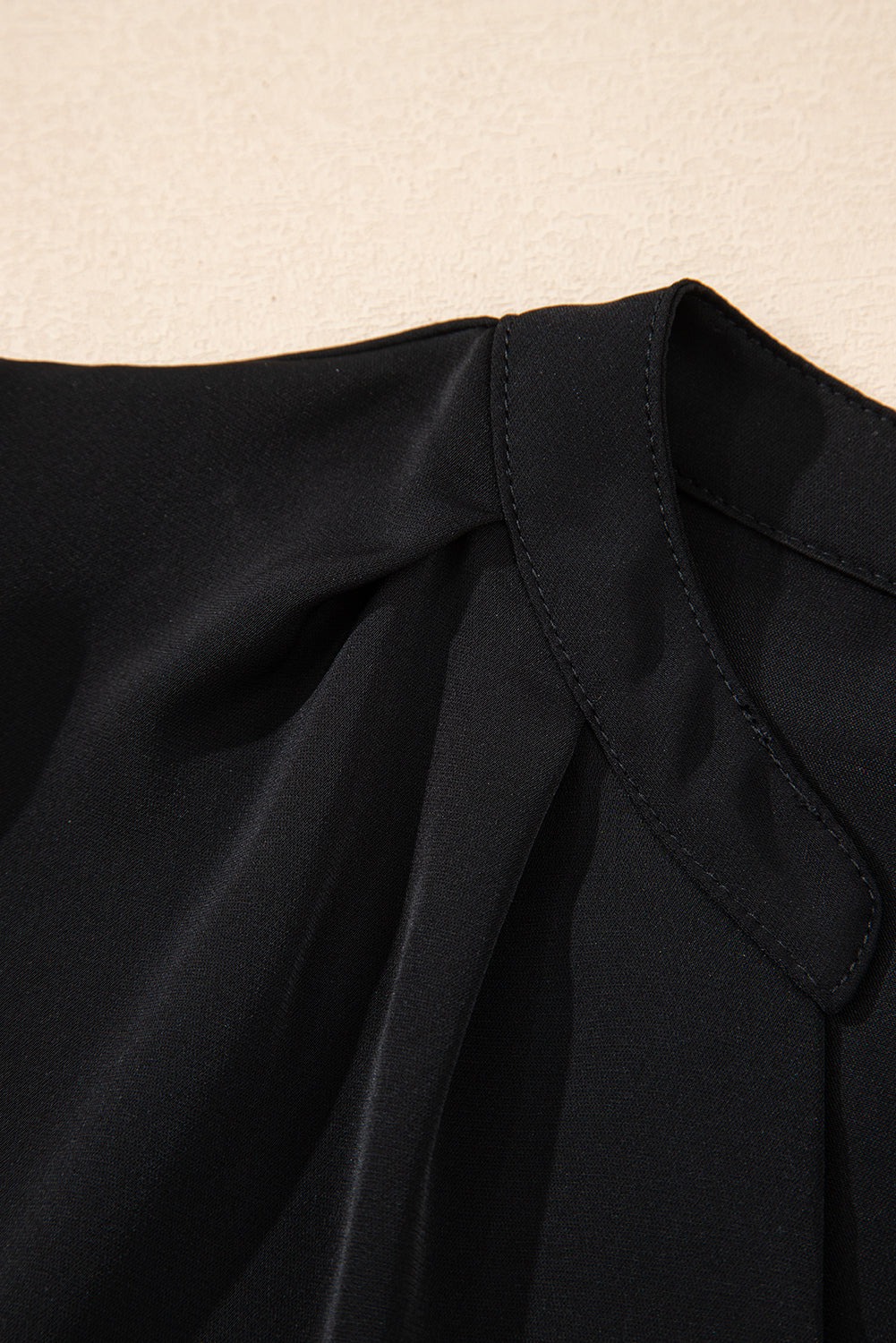 Black Button Notched Neck Petal Sleeve Blouse