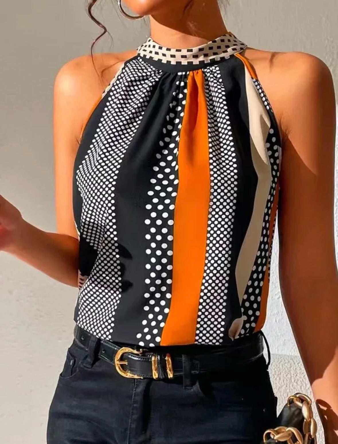Summer Fashion Foreign Trade Printed Off-the-Shoulder Stand Collar Halter Shirt
