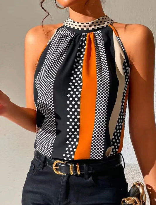 Summer Fashion Foreign Trade Printed Off-the-Shoulder Stand Collar Halter Shirt