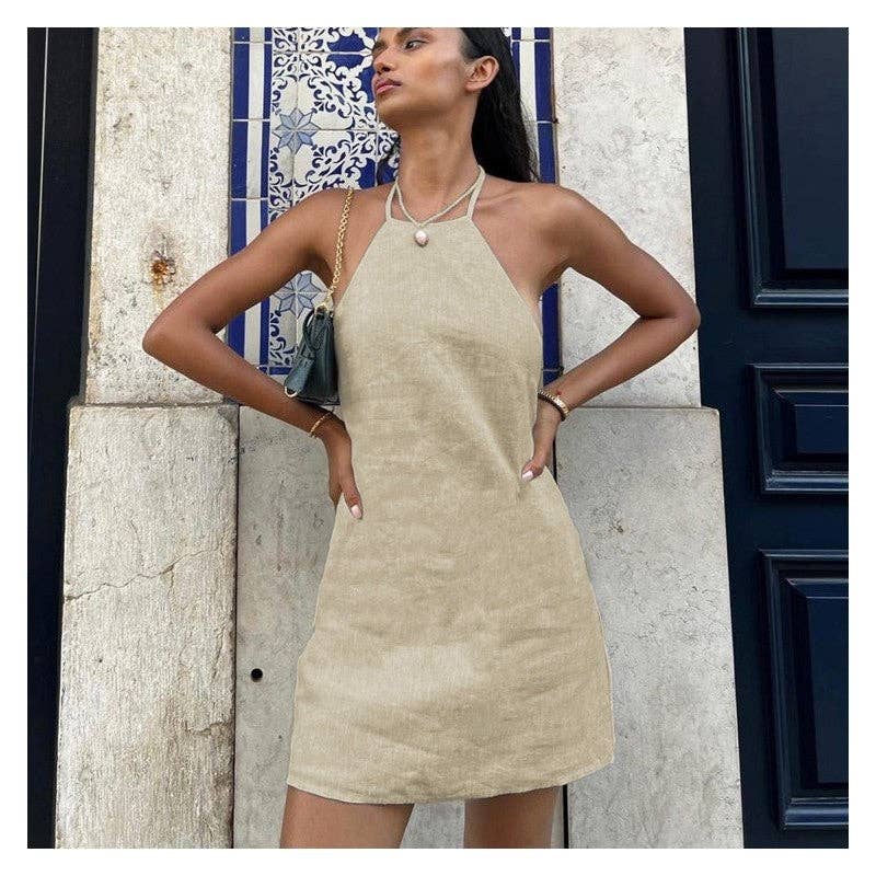 Backless Tie Neck A Line Mini Dress