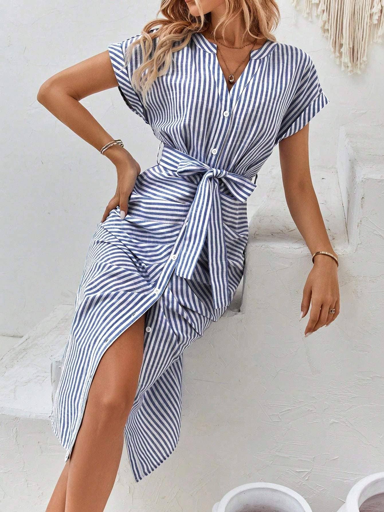 Striped print batwing sleeve belted dress