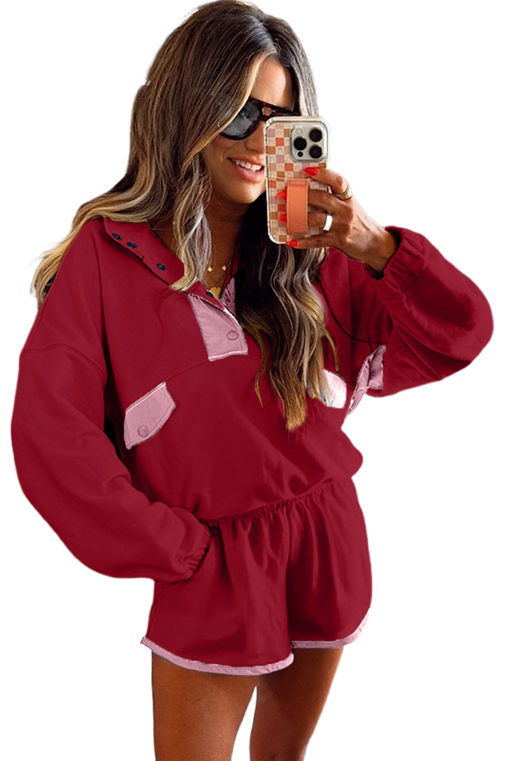 Red Dahlia Colorblock Patchwork Half Button Pullover and Shorts Outfit