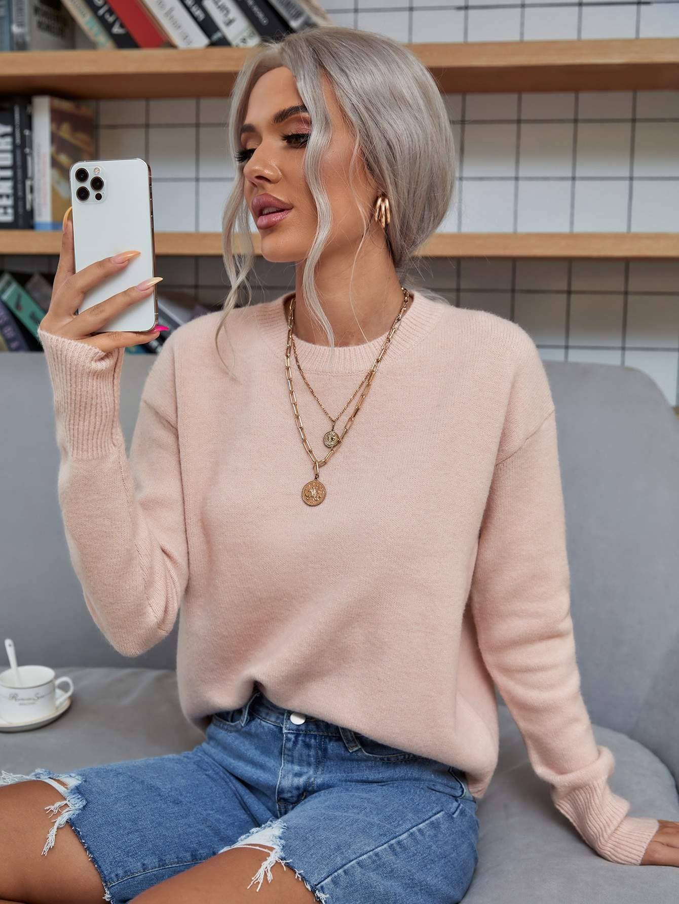 Solid drop shoulder sweater