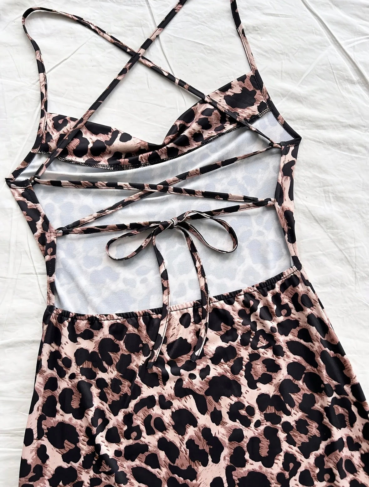 Long Leopard Print Dress with Criss Cross Back Straps Detail