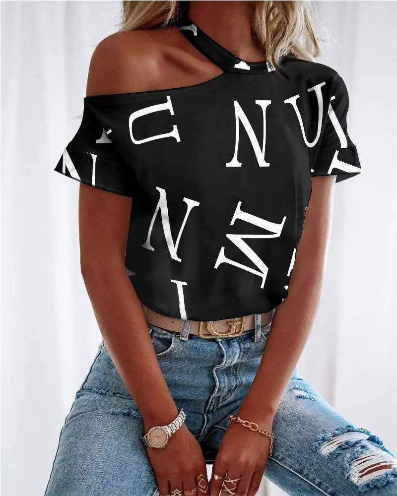 Letter print cold shoulder casual t shirt