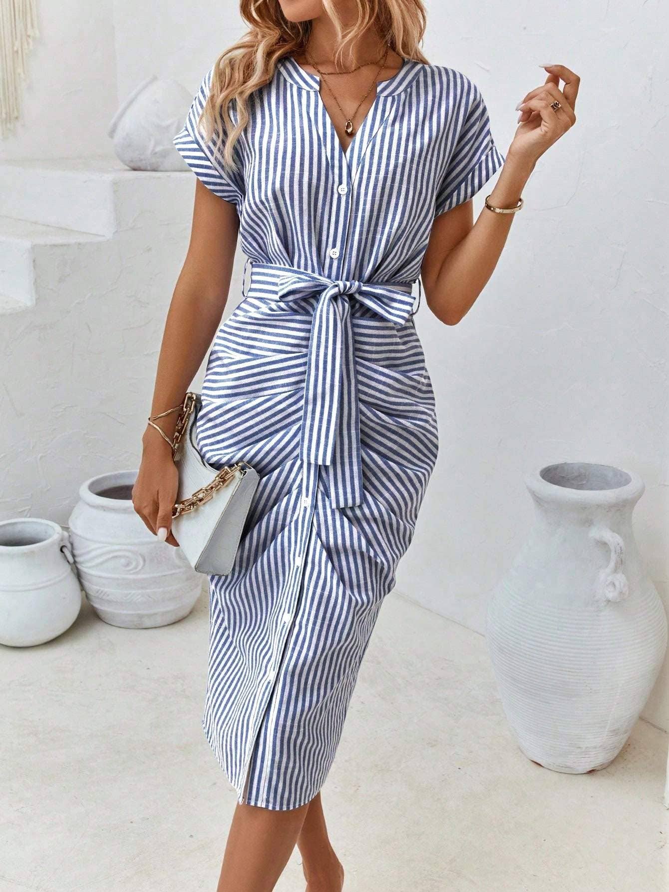 Striped print batwing sleeve belted dress