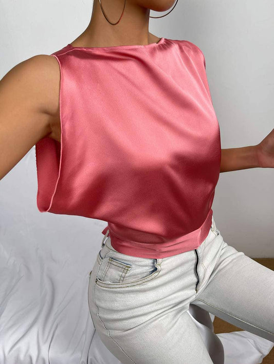 Tie back boat neck satin crop top