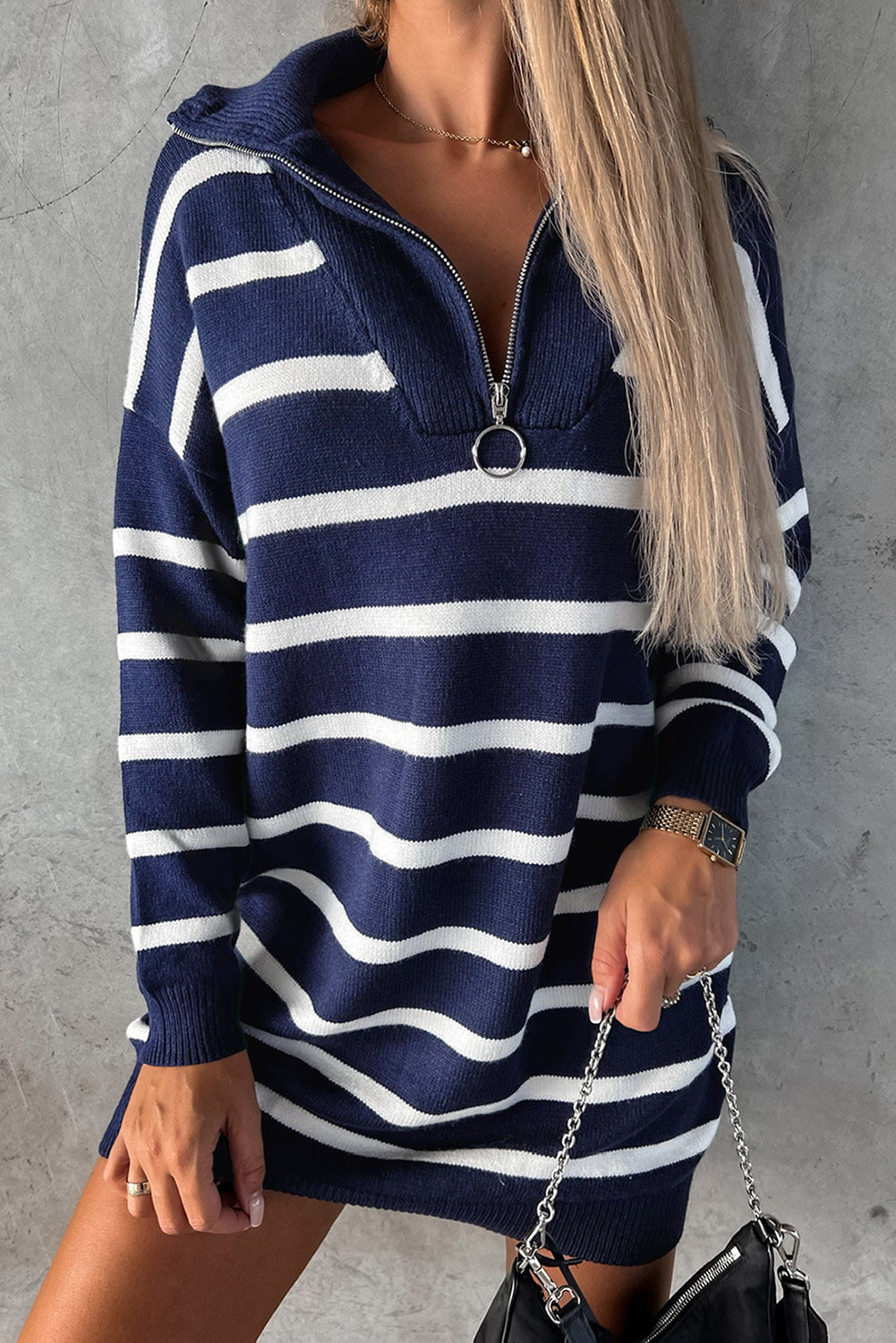 Blue Striped O-ring Zip Collared Loose Sweater Mini Dress
