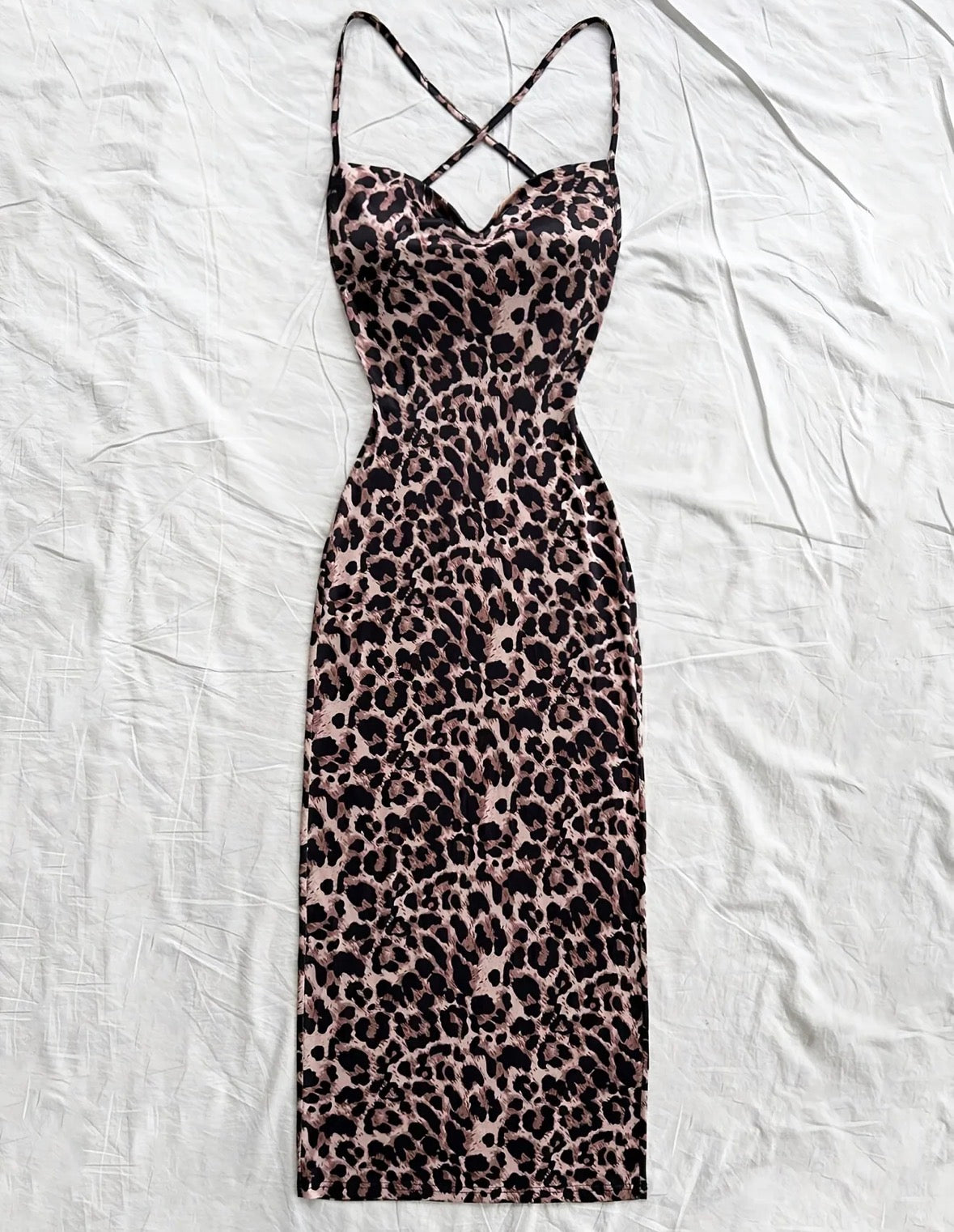 Long Leopard Print Dress with Criss Cross Back Straps Detail