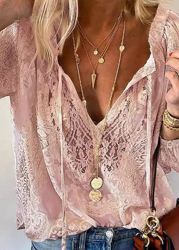 Lace Patchwork V-Neck Elegant Blouse
