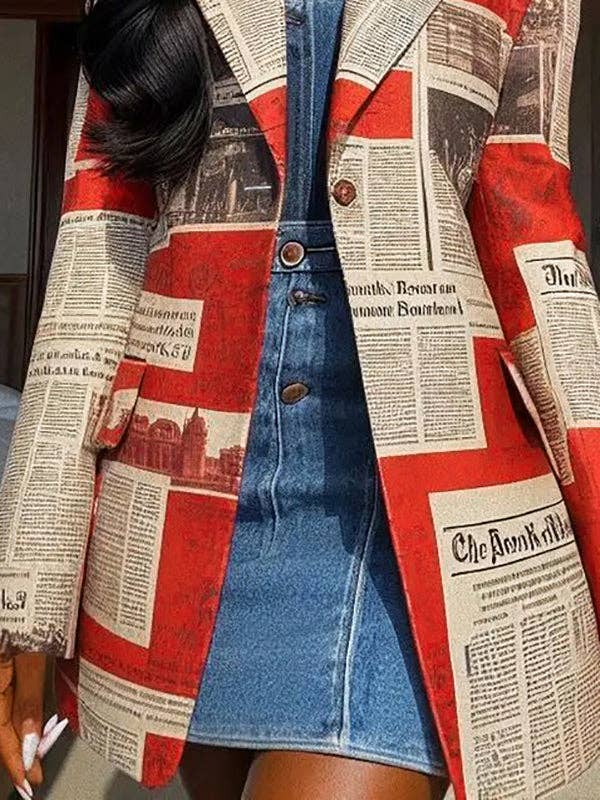 Newspaper Print Loose Notched Collar Long Sleeve Blazer