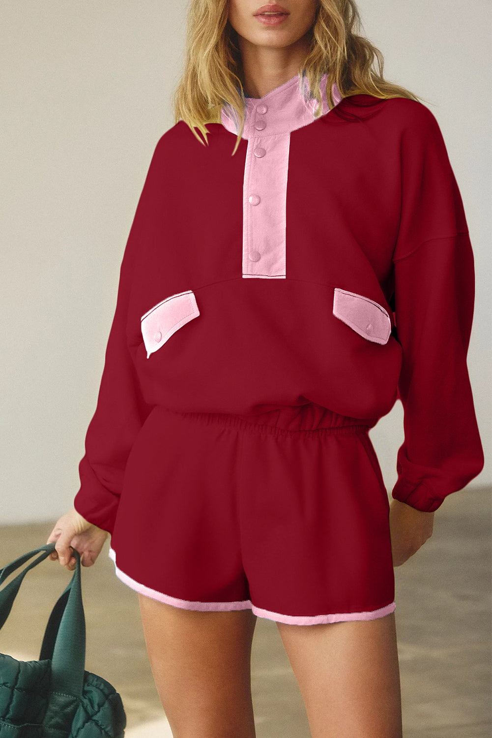 Red Dahlia Colorblock Patchwork Half Button Pullover and Shorts Outfit