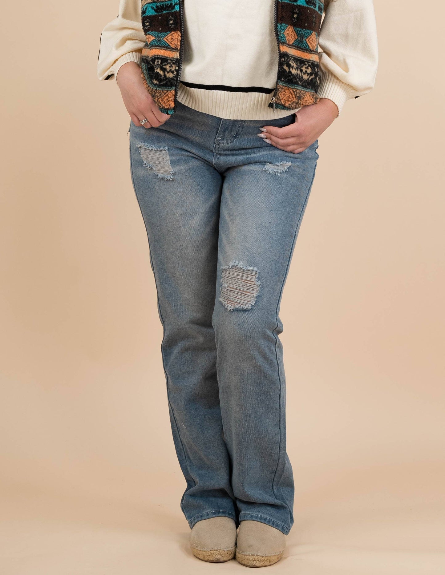 Blue fringe denim irregular raised waist trousers