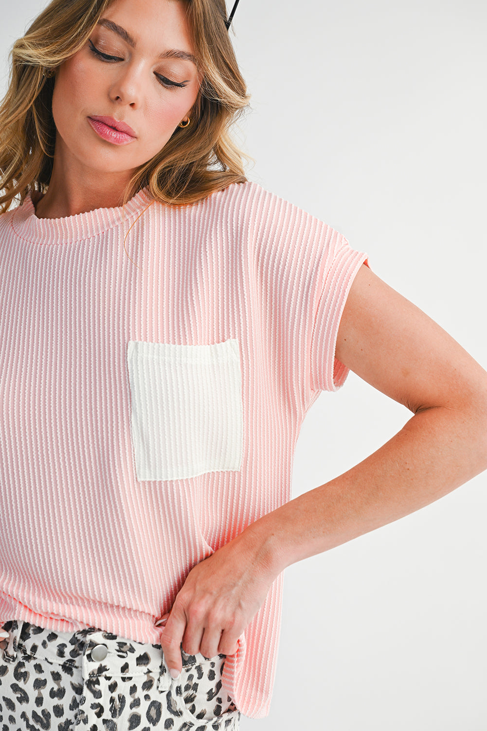 Pink Corded Colorblock Pocket Crew Neck T Shirt