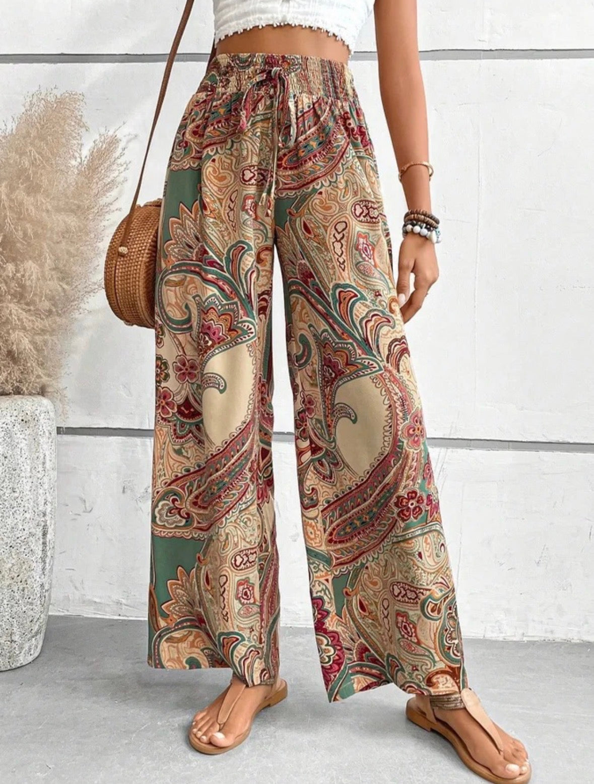 Women's Holiday Daily Beach Vacation Cashew Nuts Full Length Printing Belt Casual Pants