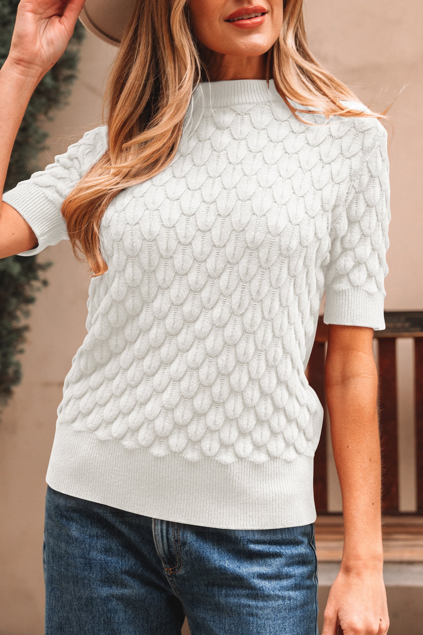 White Fish Scale Textured Knit Ribbed High Neck Short Sleeve Sweater