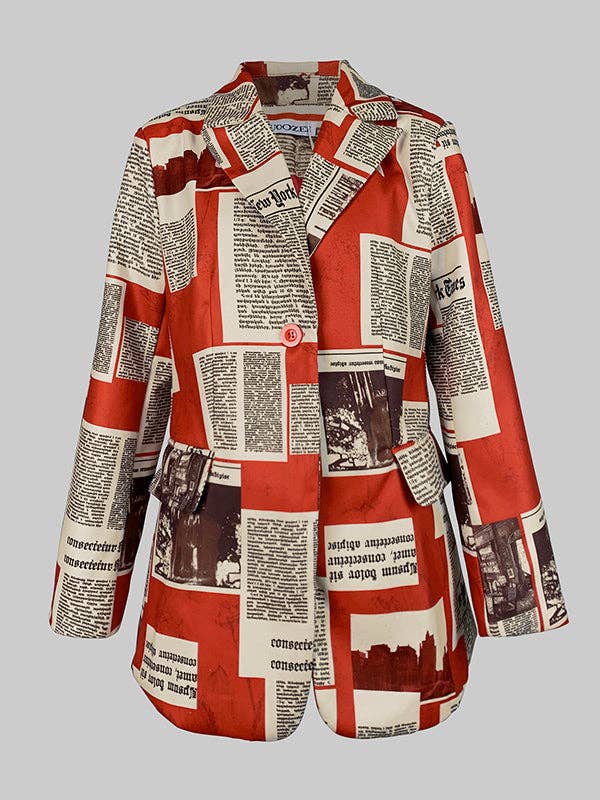 Newspaper Print Loose Notched Collar Long Sleeve Blazer