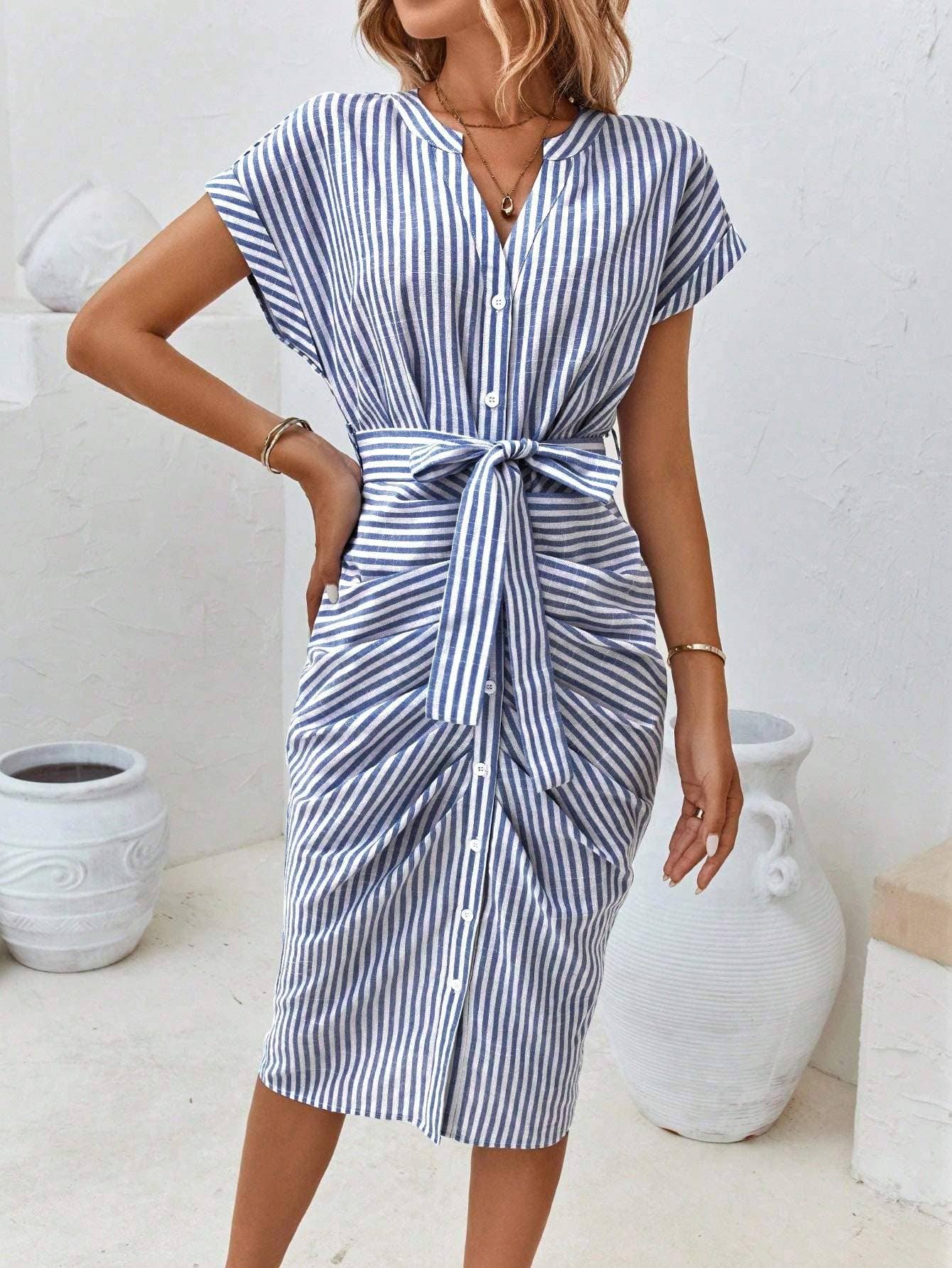 Striped print batwing sleeve belted dress