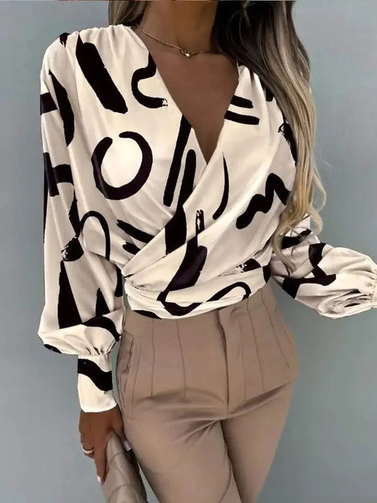 Abstract Print Lantern Sleeve Ruched Wrap Top