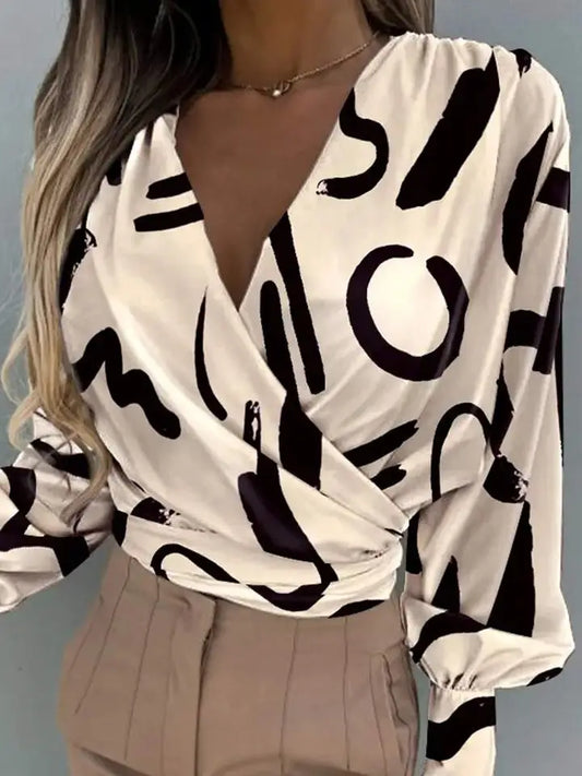 Abstract Print Lantern Sleeve Ruched Wrap Top