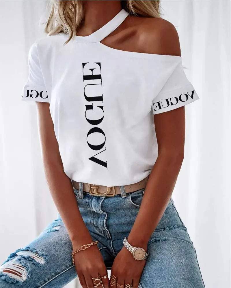 Letter print cold shoulder casual t shirt
