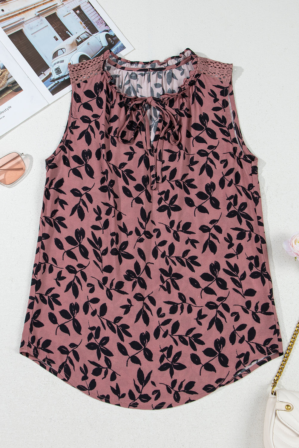 Brown Floral Print Tie Neck Sleeveless Top