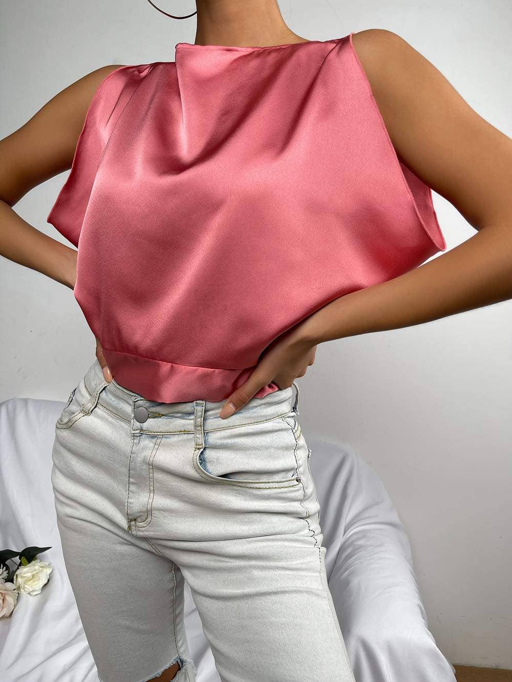 Tie back boat neck satin crop top