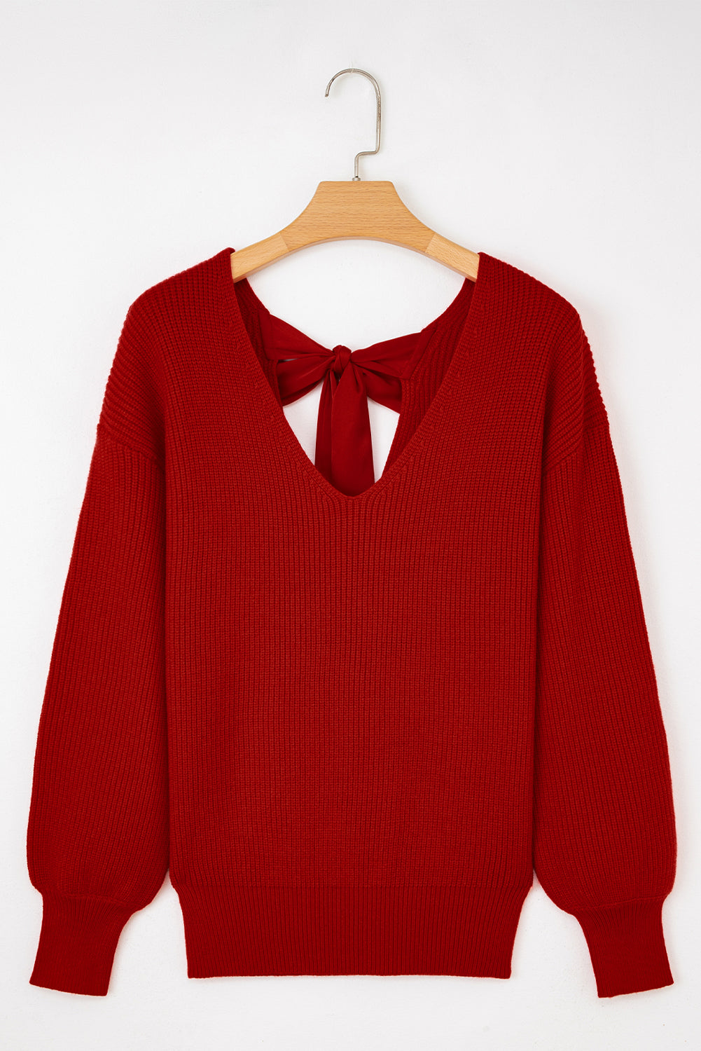 Racing Red Lantern Sleeve V Neck Knot Back Sweater
