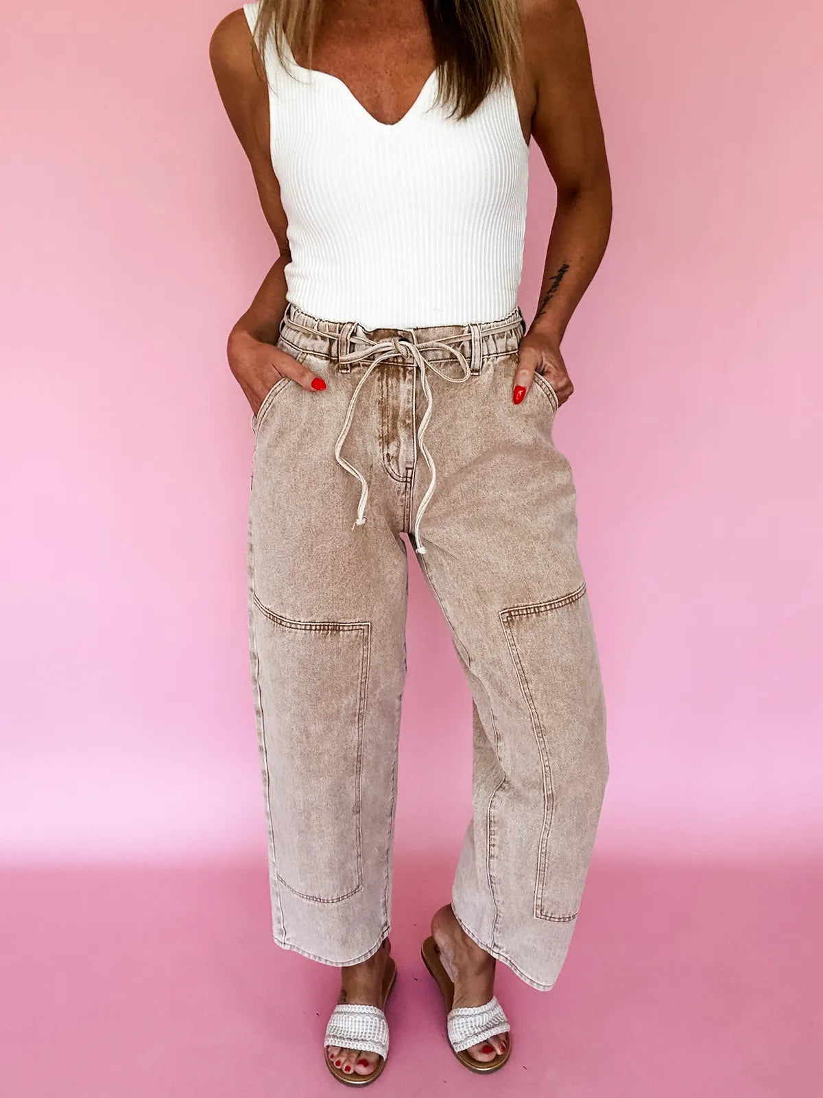 Smoke Gray Acid Wash Barrel Fit Denim Pants with Waist String