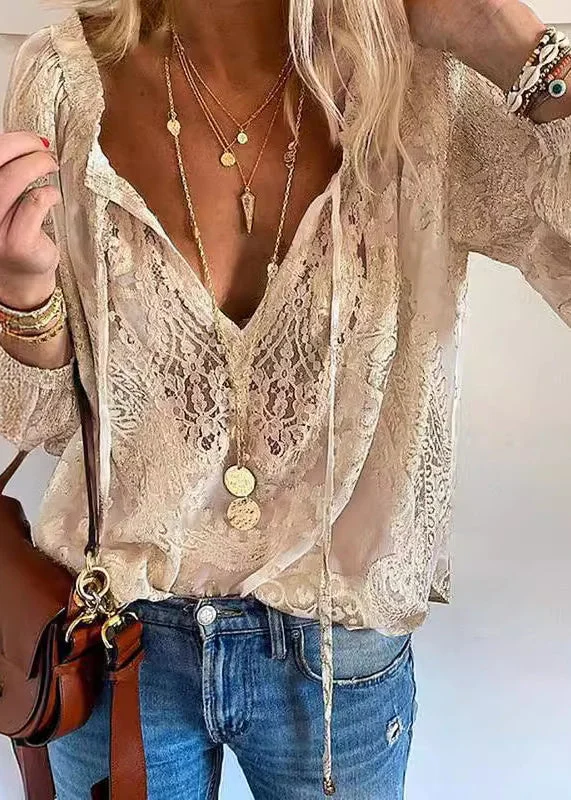 Lace Patchwork V-Neck Elegant Blouse