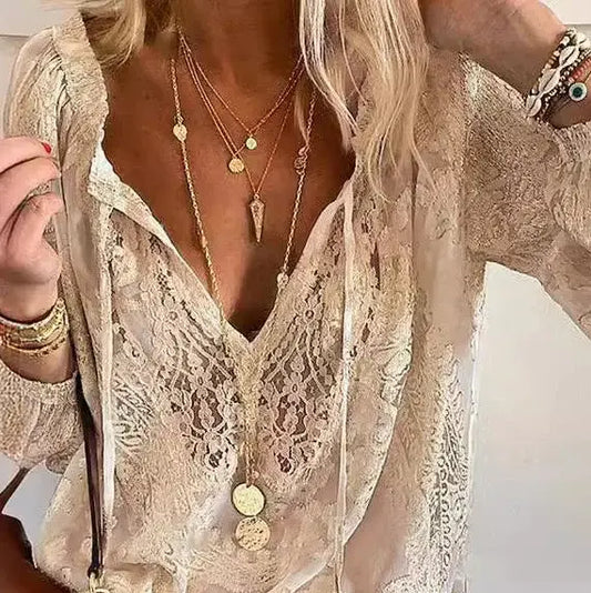 Lace Patchwork V-Neck Elegant Blouse