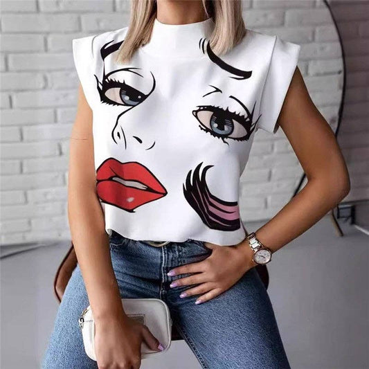 Minimalist Lips Print Short Sleeve T-Shirt With Stand Collar