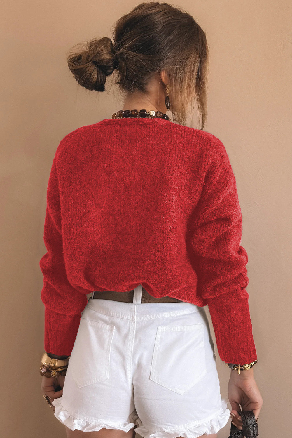 Fiery Red Heart Metal Button V Neck Cardigan Sweater