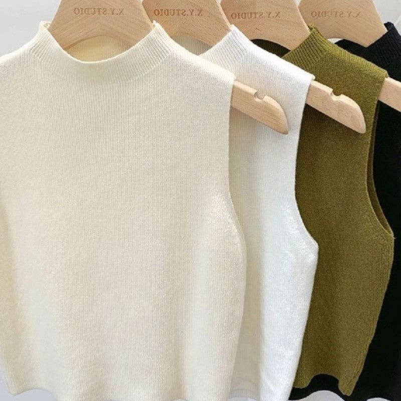 Sleeveless Knit Lightweight Sweater With Mock Neck