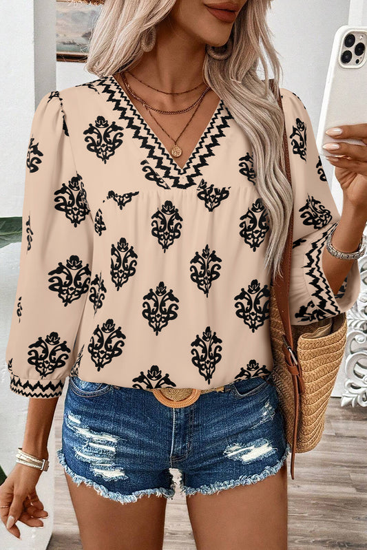 Khaki Damask Floral Print Contrast V Neck 3/4 Sleeve Blouse
