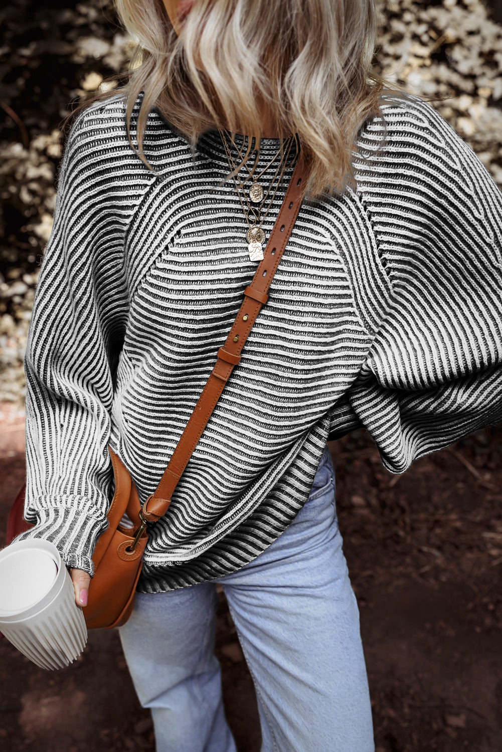 Black Striped Print Ribbed Knit Boat Neck Baggy Sweater