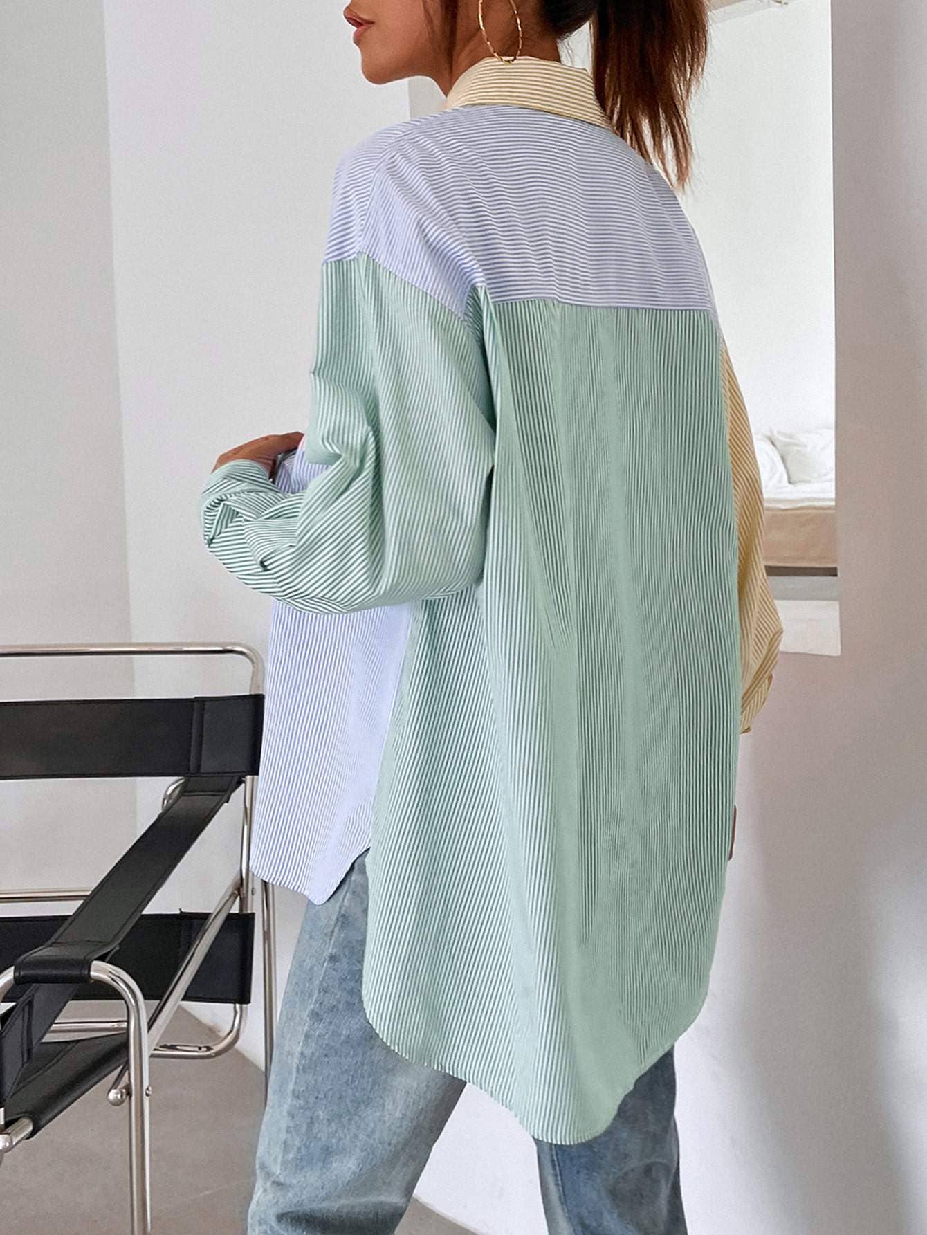Striped colorblock button front blouse