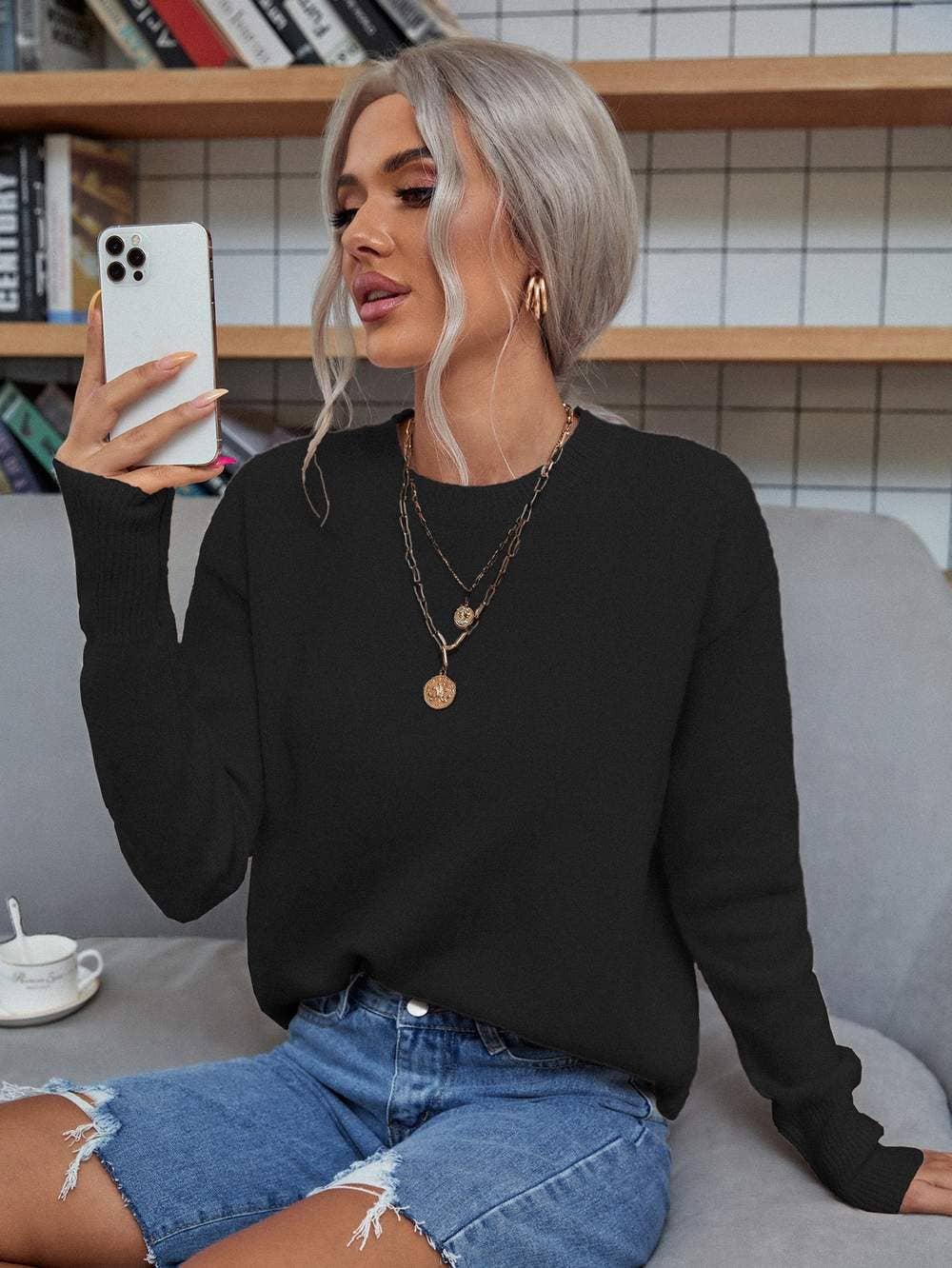 Solid drop shoulder sweater